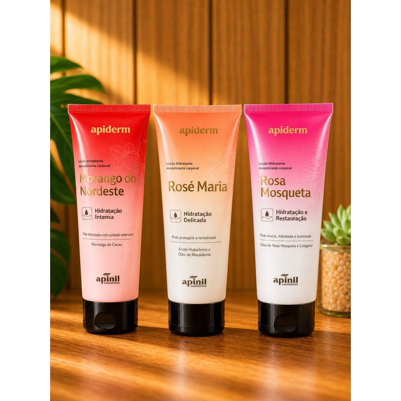 Loção Hidratante Corporal Apiderm Hidratação Intensa | Rosa Mosqueta | Rosé Maria | Morango do Nordeste