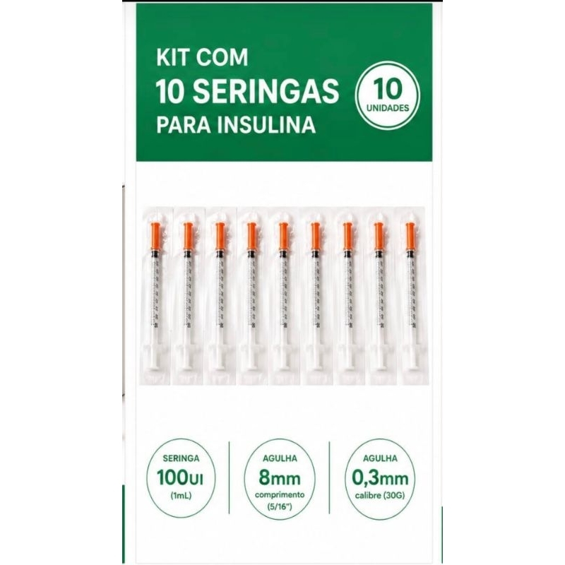 seringa insulina 100ui 8mm x 0,3mm kit 10 unidade