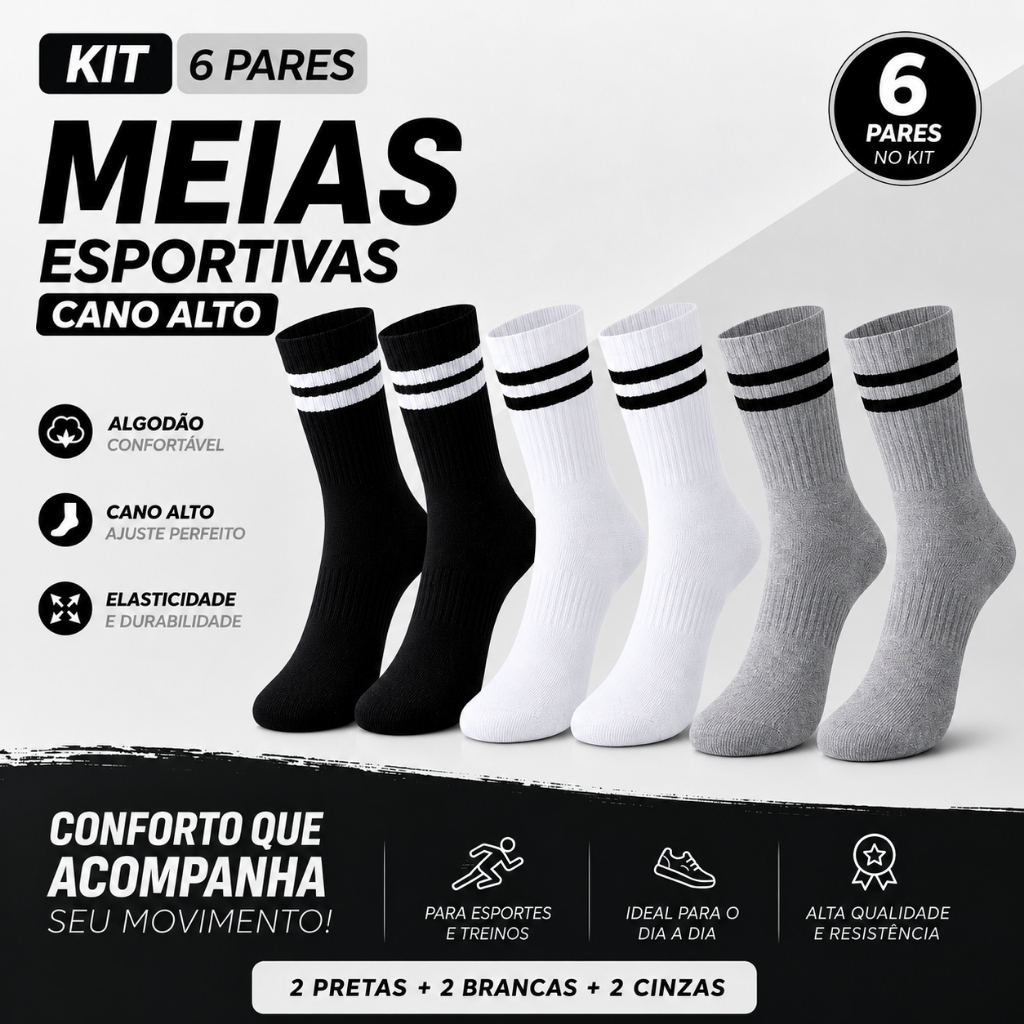 Kit 6 Meias Cano Alto 2 Listras Academia Treino Corrida