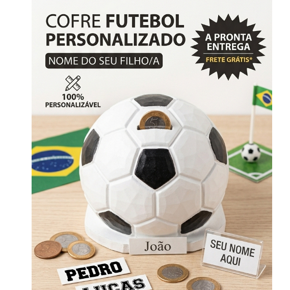 Cofrinho Bola de Futebol Decoração 3D - Presente Infantil Quarto Gamer Personalizado Mesa Festa Sala