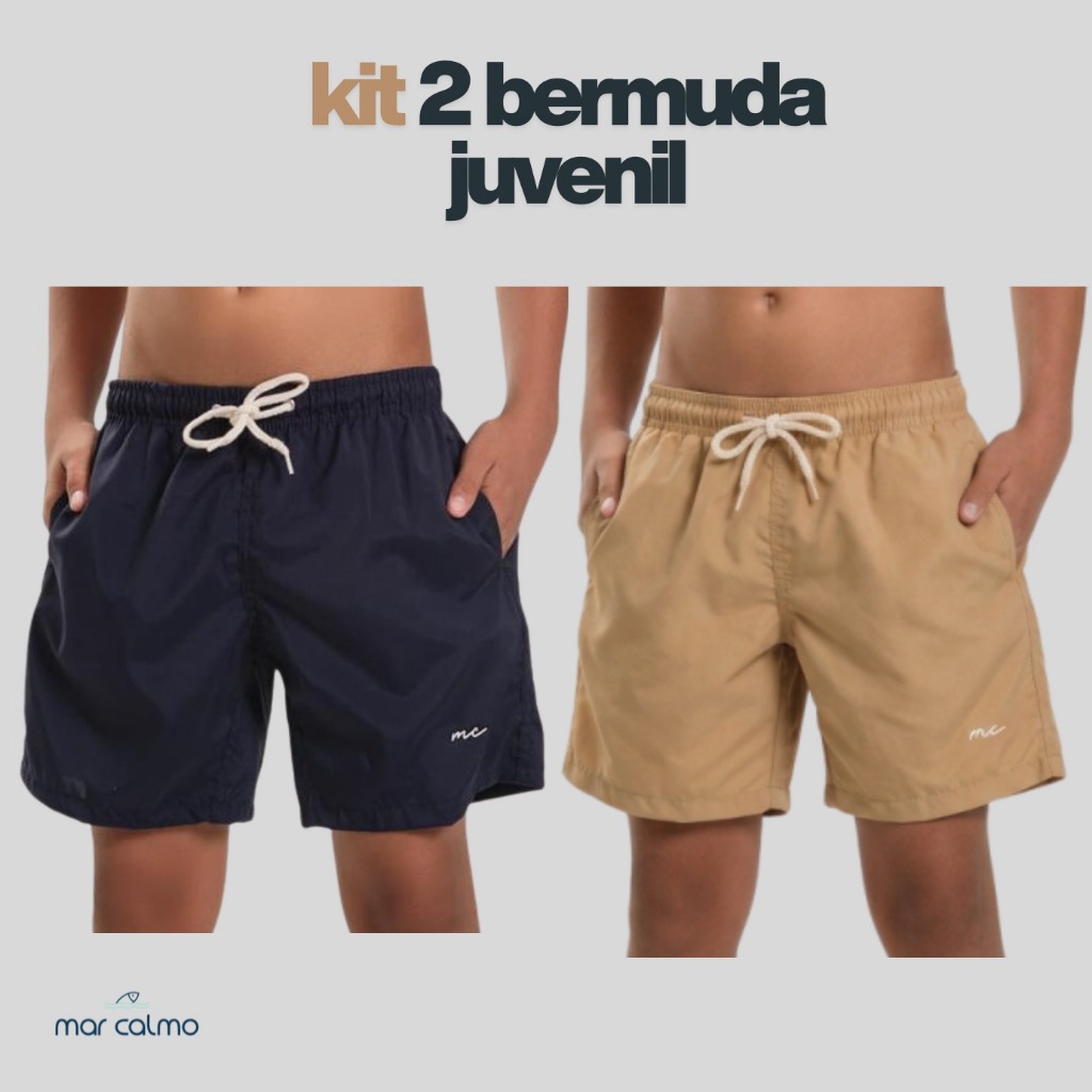 KIT 2 BERMUDA MAURICINHO JUVENIL MASCULINO TACTEL COM ELASTANO PREMIUM LISO CADARÇO CRU  CAMINHADA PRAIA