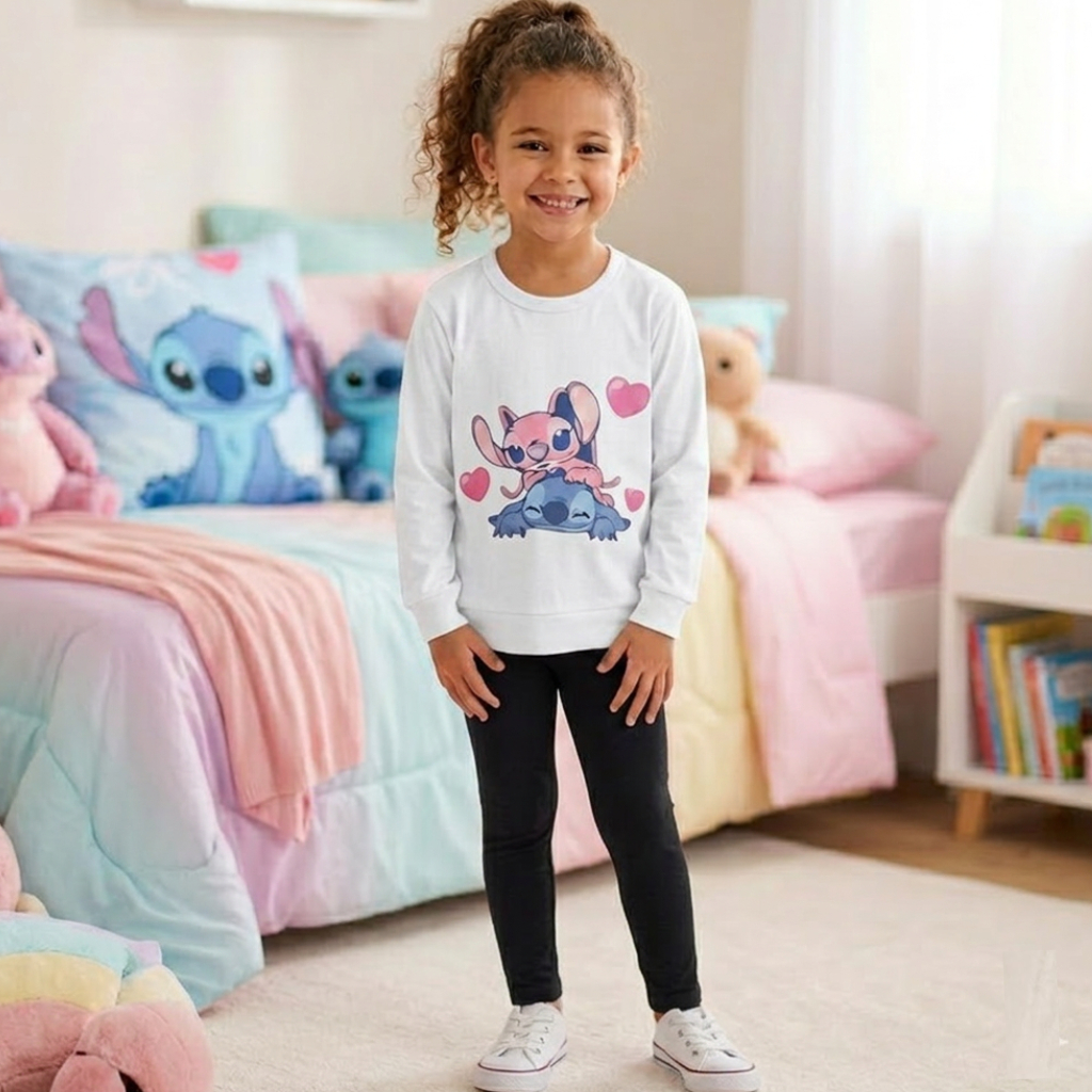 Camiseta  Manga Longa Stitch e Angel Infantil Menina Branca100% algodão Meia Estação Tecido Leve