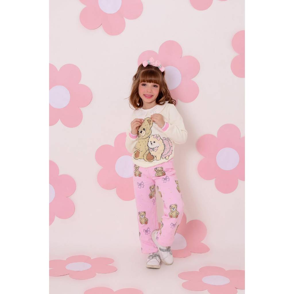 Conjunto Infantil Feminino Moletom Blusa Estampada Calça Rosa Estampa de Ursinho Cor Única