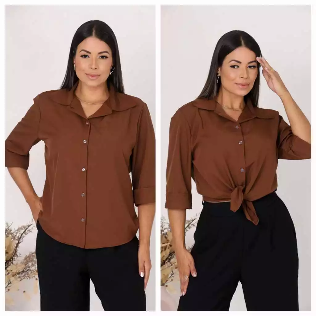 CAMISA SOCIAL FEMININA LISO CREPINHO MANGA 3/4 ESTILOSA
