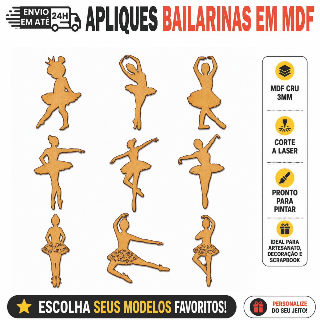 Aplique Bailarinas MDF Cru 2.8mm 5cm Kit 30/50 Un Artesanato Ballet Scrapbook Decoração Festa Infantil DIY Lembrancinha