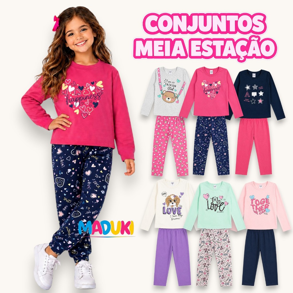 Kit 6 Peças Meia Estação Infantil Menina– Camiseta Manga Longa + Legging (Tam. 1 ao 16)