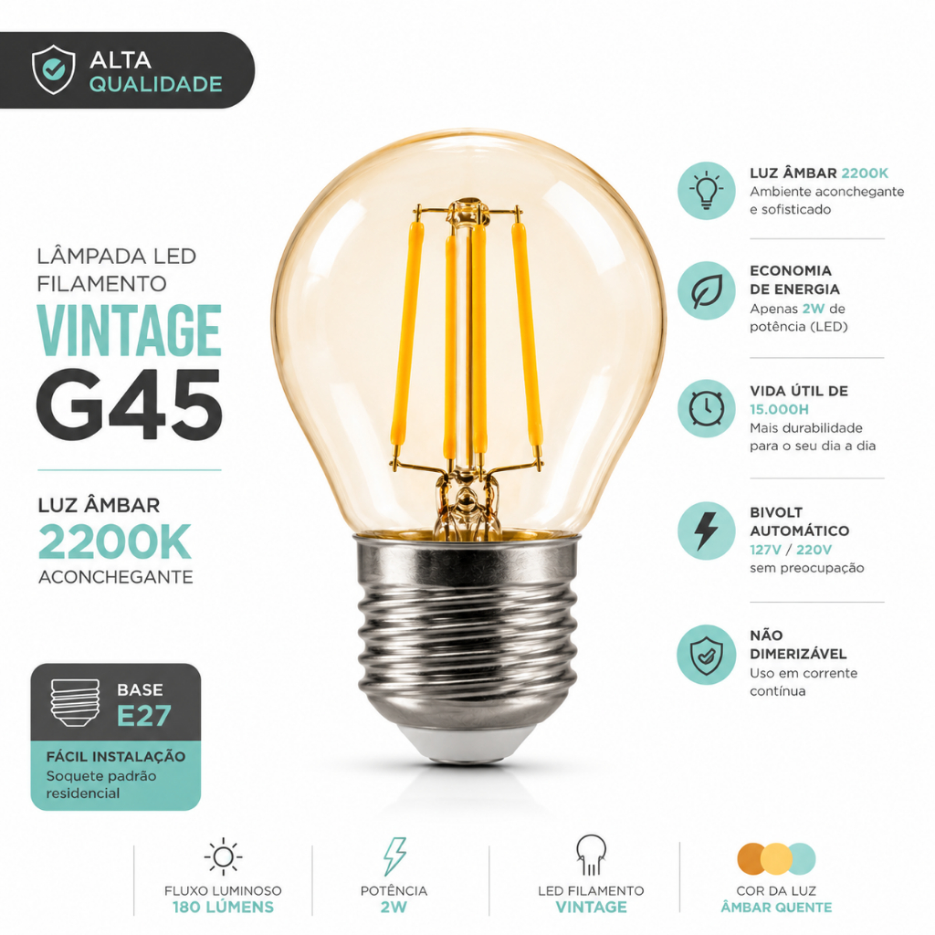 Lâmpada LED Filamento Vintage Luz Quente 2200K E27 Retrô 4W Bivolt A60 G45 ST64 G80 G95 - BC