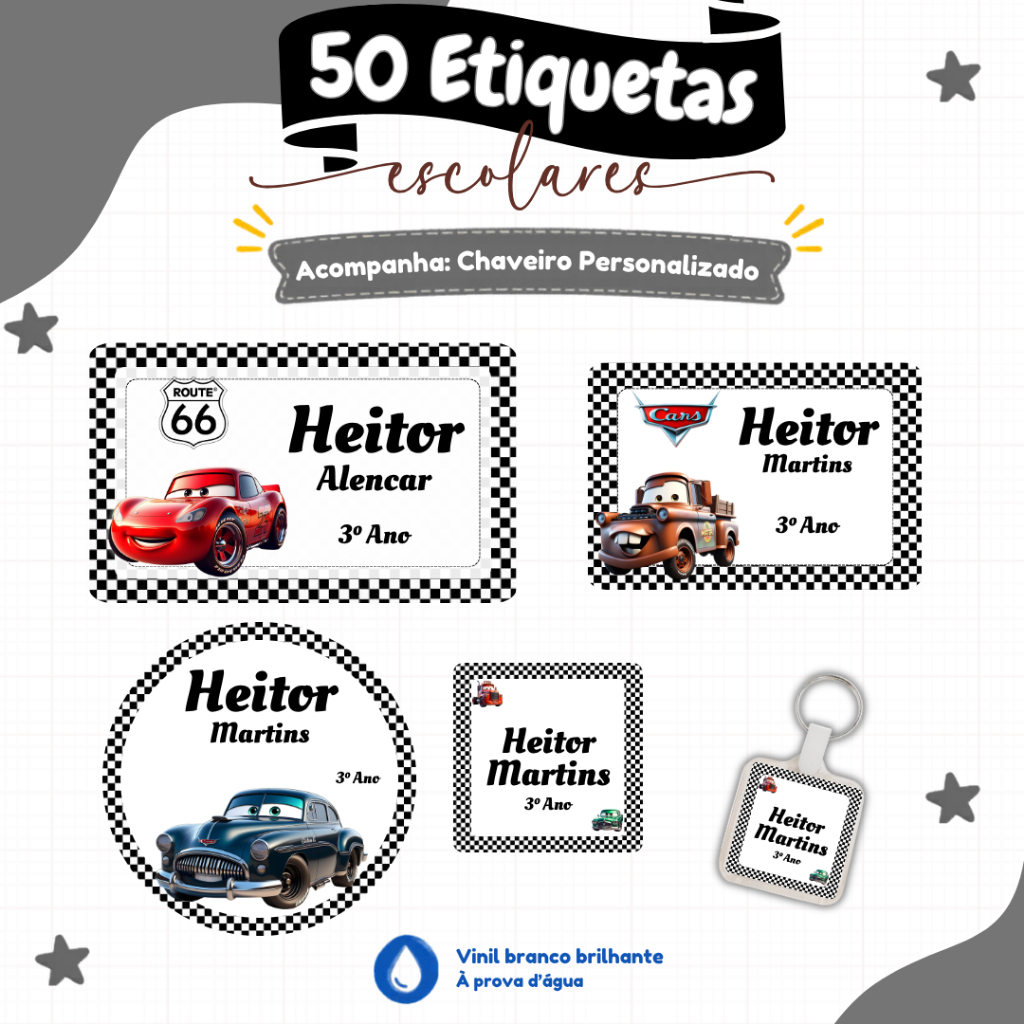 Etiquetas escolar Carros - Etiqueta escolar à prova d’água -  Etiqueta escolar personalizada