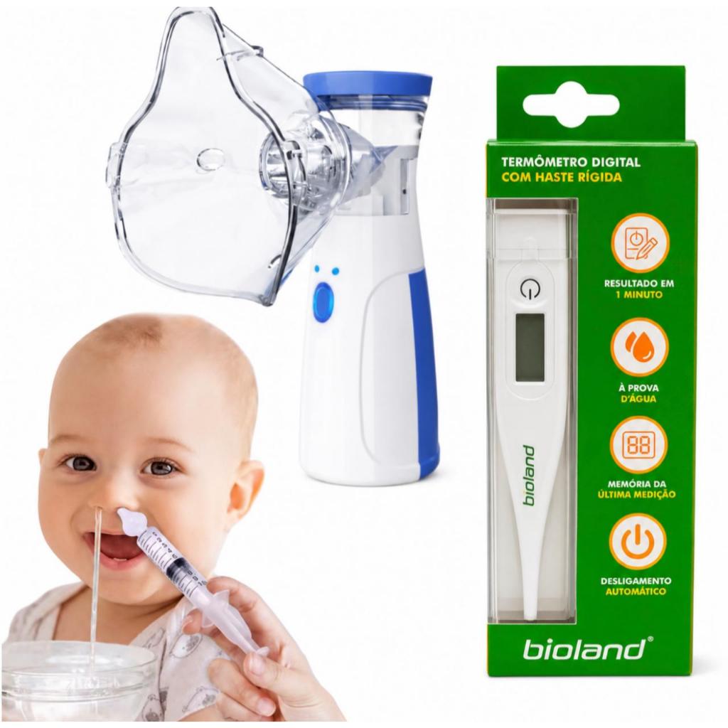 Kit Nebulizador inalador mesh + Termômetro digital bioland + 2 Seringas Lavagem Nasal