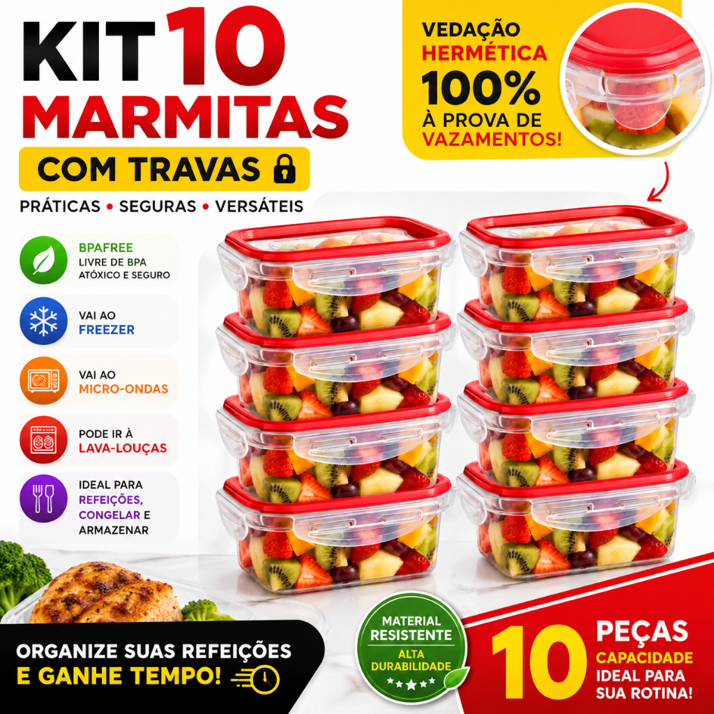 Kit 10 Marmitas com Travas BPAFREE Pote Plástico Freezer Microondas Fitness Refeição Alimento