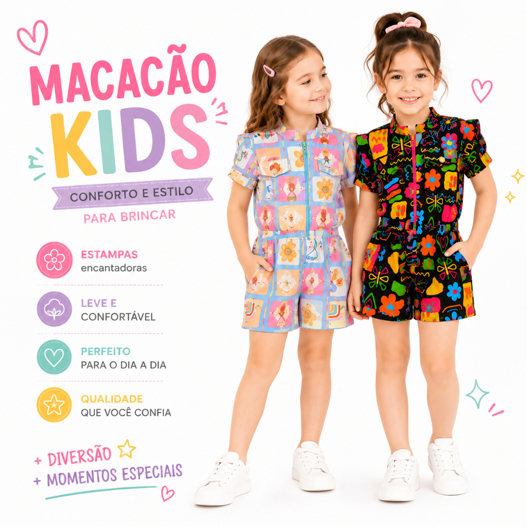 Macaquinho Infantil Menina Estampado Floral Colorido Kids Para Meninas Macacão Colorido kids