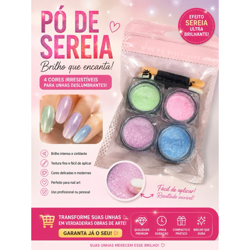 KIT 4 PÔ SEREIA PARA UNHAS NAILS DECORATIVO TENDÊNCIA PÓ CROMADO