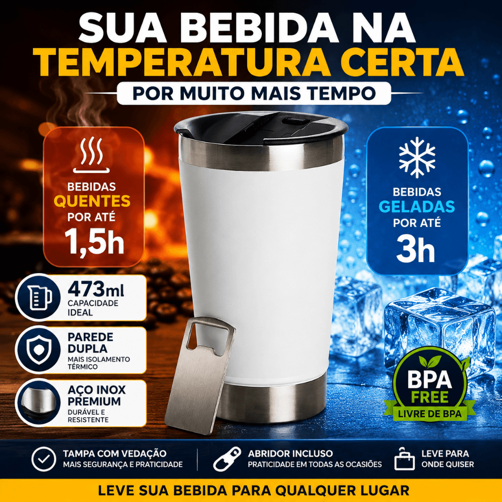 Copo Térmico Inox 473ml Branco Com Tampa Abridor Conserva Gelado e Quente