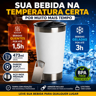 Copo Térmico Inox 473ml Branco Com Tampa Abridor Conserva Gelado e Quente
