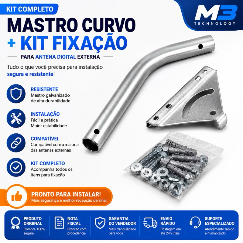 Kit Mastro Curvo Galvanizado + Suporte de Fixação Para Antena Digital Externa Completo