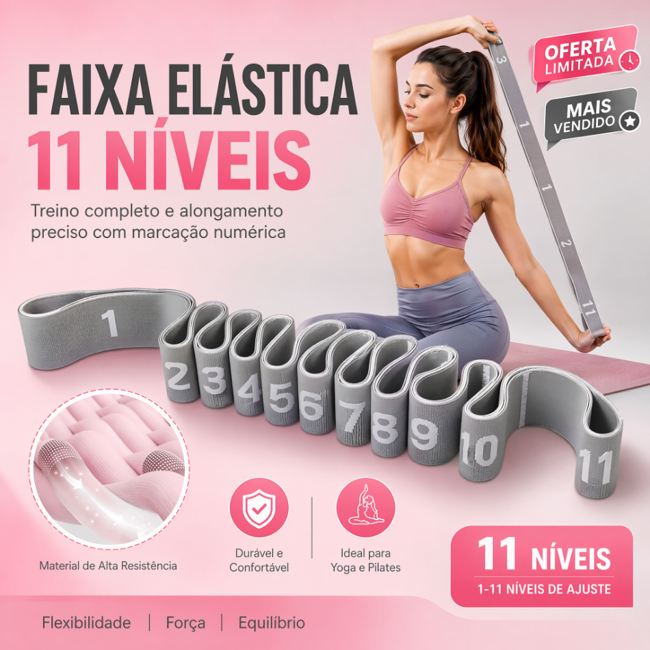 Faixa Elástica de Alongamento 11 Níveis Cinza com Marcação Numérica Faixa de Yoga e Pilates para Treino de Flexibilidade