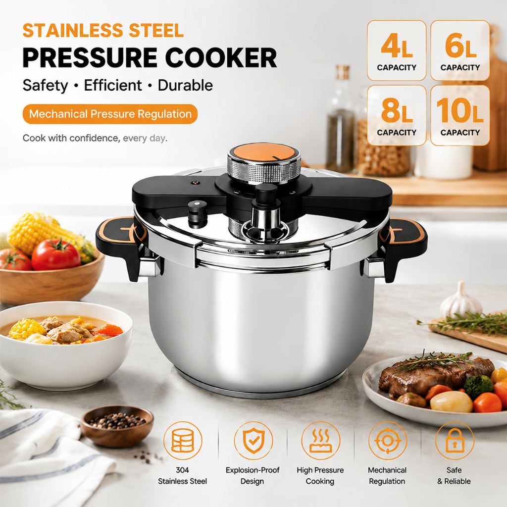 Panela de Pressão Inox 4L 6L 8L 10L Indução Antiexplosão 3 Níveis Travamento Segurança Cozimento Rápido