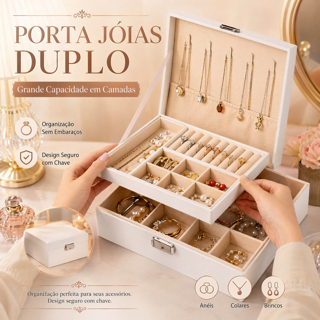 Porta Joias com Chave Grande Organizador de Joias Caixa Porta Bijuterias Dupla Camada Couro PU Anéis Colares Brincos