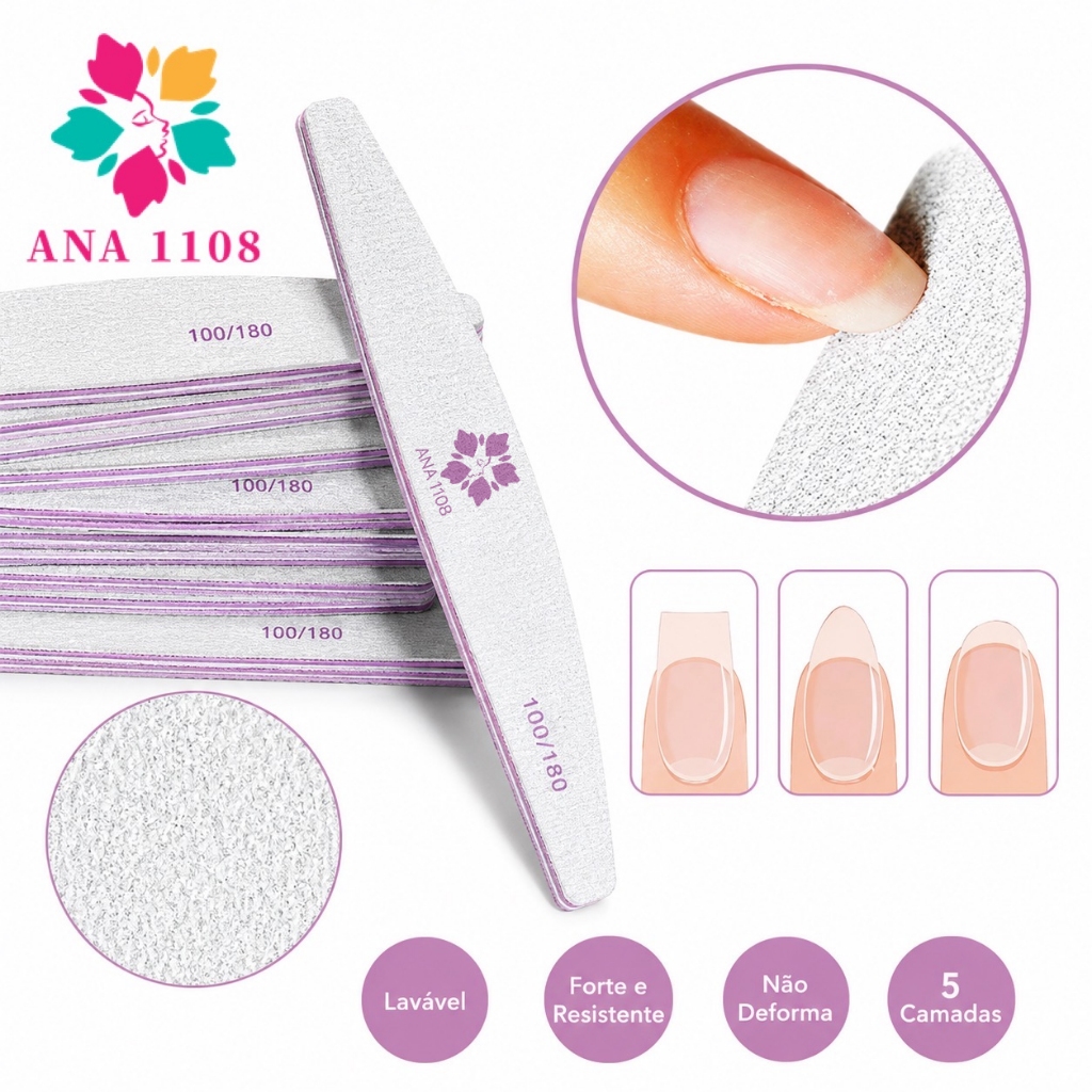 ANA1108 KIT 25 LIXA De Unha 100/180 Lavável Profissional Para Unhas Nail Acrigel Porcelana Fibra