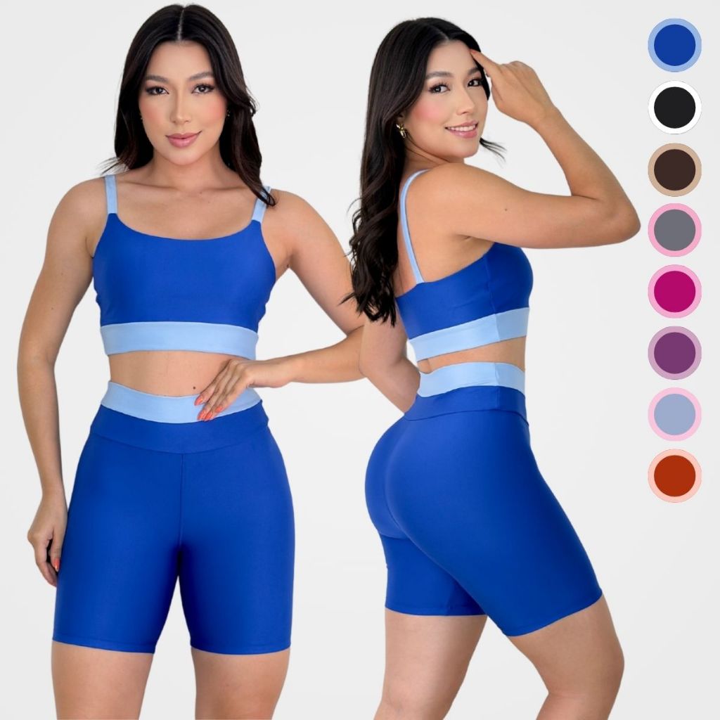 Conjunto Fitness Feminino Bicolor Top Alça Larga e Short Cintura Alta Suplex Academia