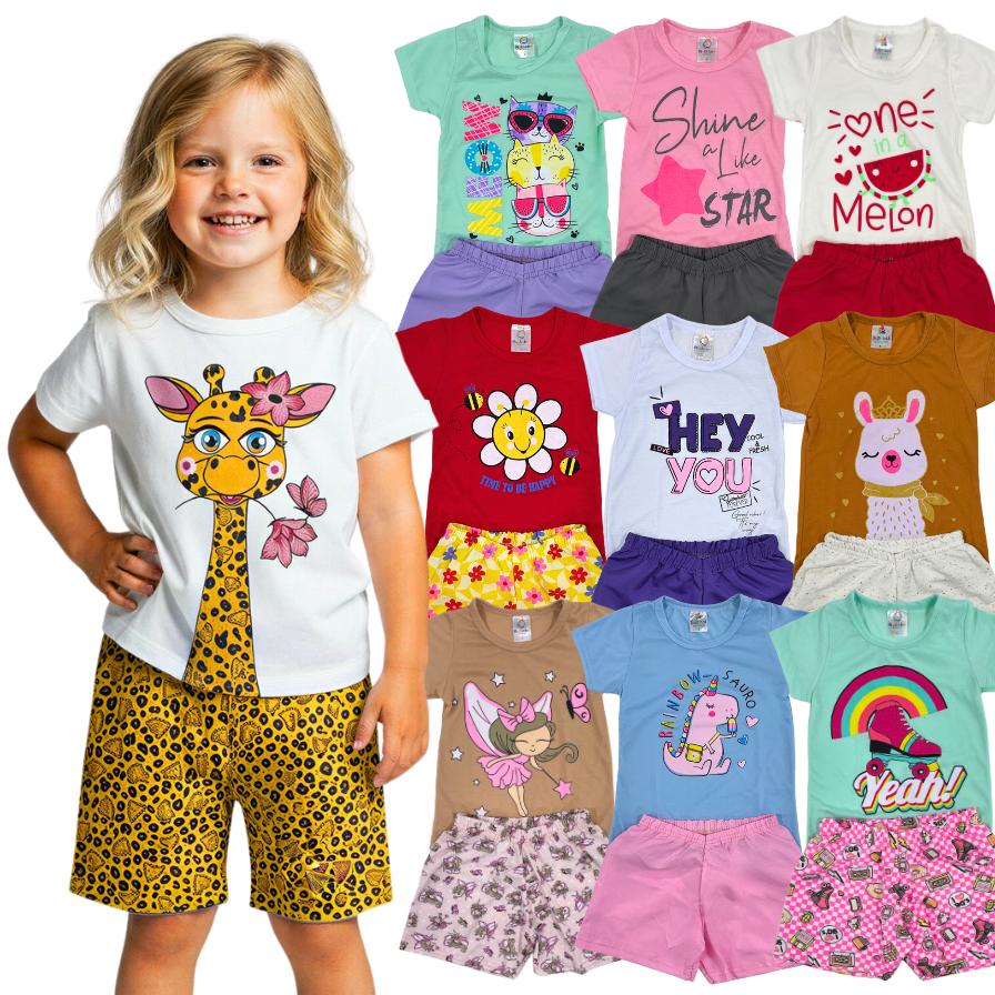 Kit 6 ou 12 peças 3 ou 6 Conjunto Roupa Infantil Menina Verão Camiseta + Shorts Liso ou Estampado