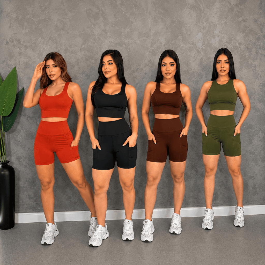 Conjunto Fitness Feminino Short com Bolsos e Top de Alta Sustentação Academia