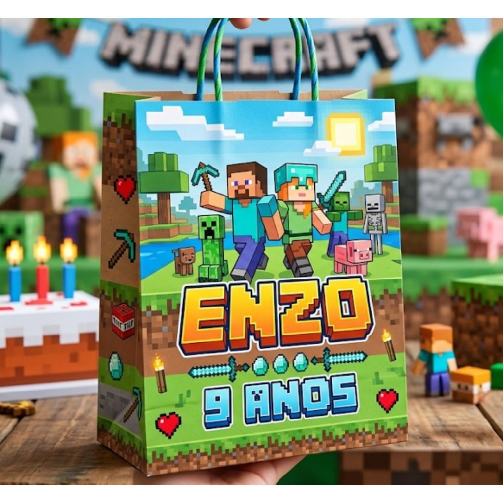 Sacolinha Personalizada Minecraft Festa Infantil Lembrancinha Aniversário Nome e Idade 10/20/30/40