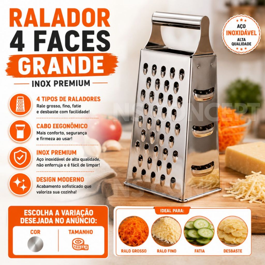Ralador 18cm Aço Inox 4 Faces - Resistente Cozinha Para Verduras Legumes Queijo Multiuso