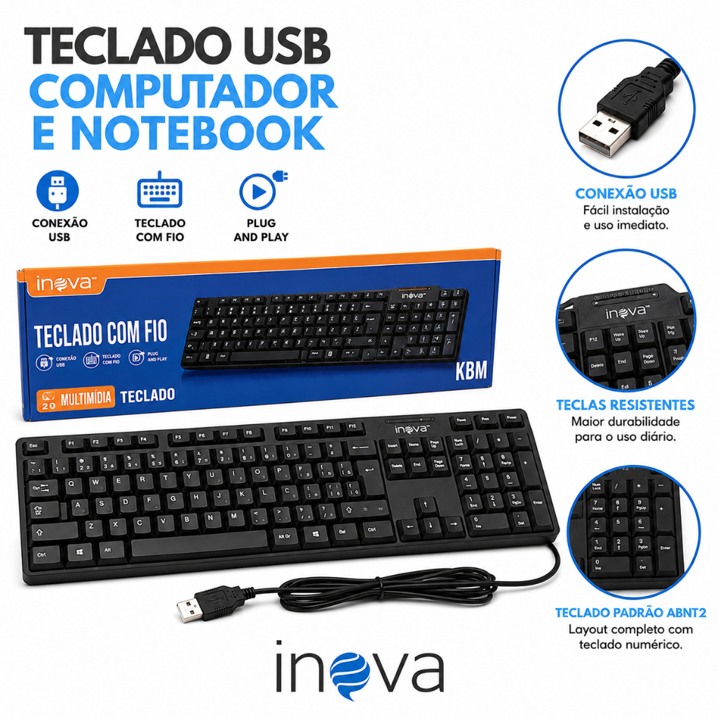Teclado USB Premium Com Fio Original Inova Silencioso Para PC Notebook