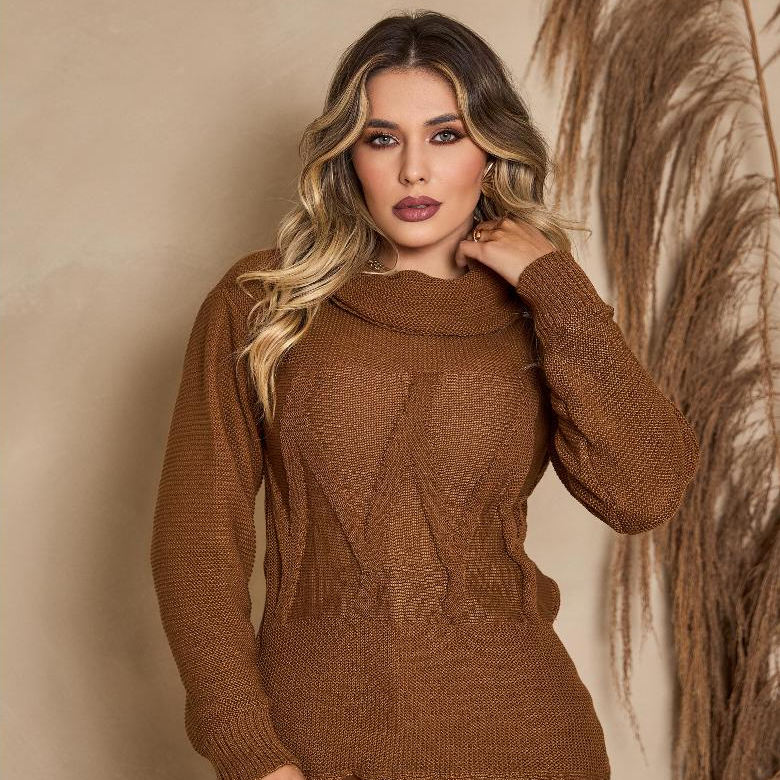 Blusa de Tricot com Desenhos Gola Boba Lançamento Feminino Inverno Manga Longa Frio Gola Alta Tico