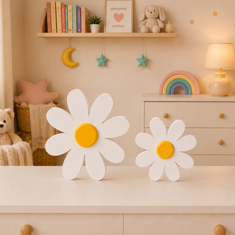 Flor Decorativa Margarida Infantil 3D | Decoração para Quarto de Bebê, maternidade e festa