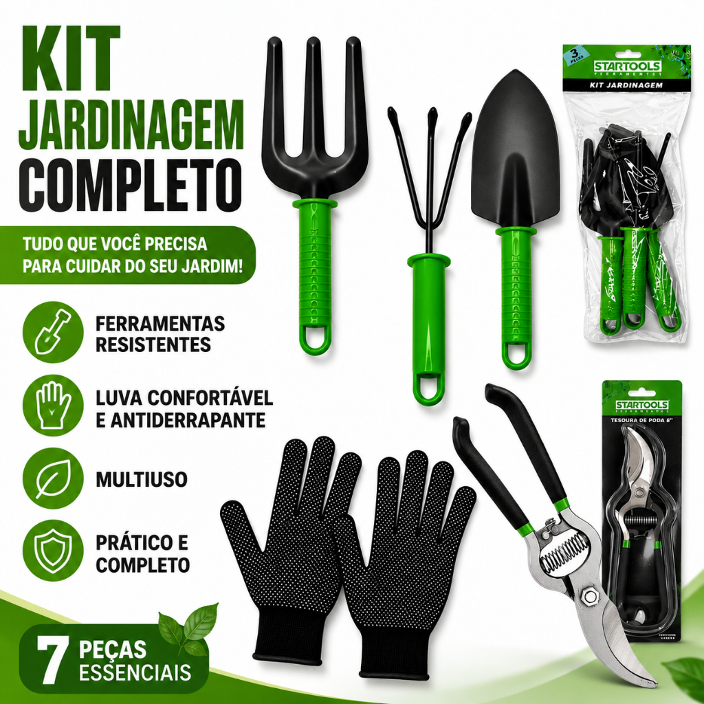  Kit Jogo Jardinagem Jardim Pá Tesoura Poda Luva 5 Peças Profissional
