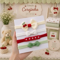 Kit de Laços para Bebê Cerejinha - Faixinha RN recém-nascida cabelo menina.