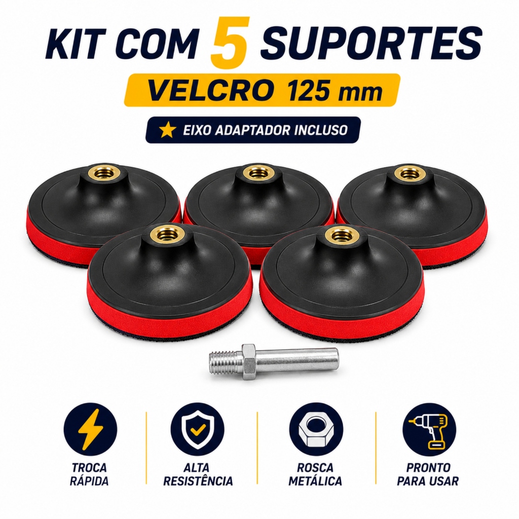Kit 5 Suportes Disco Lixa Velcro 125mm + Eixo Para Furadeira