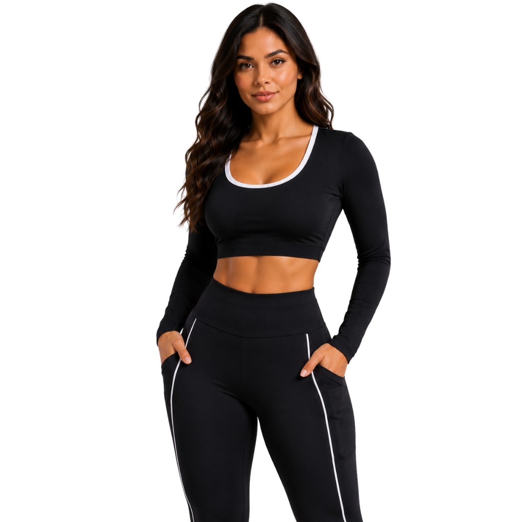 Conjunto Fitness Top Manga Longa Alta Compressão Feminino Calça Legging Com Bolso Lateral Para Treino Academia Inverno