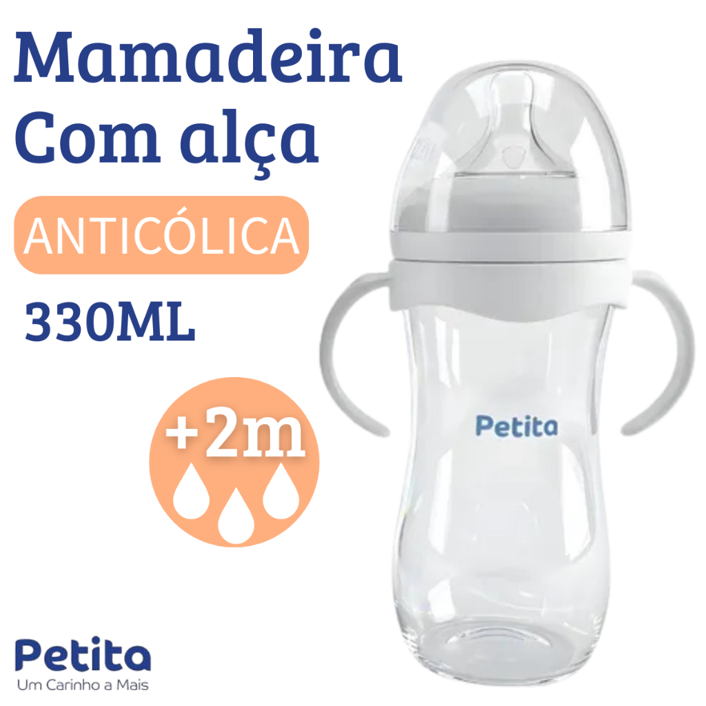 Mamadeira Anticolica Petita Big Flow 330ml Com Alça Bico Pétala Silicone Fluxo 3 + 2 Meses