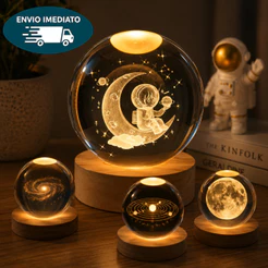 Luminária de Mesa Bola de Cristal Astronauta Sistema Solar Lua Galáxia 3D LED para Decoração Quarto