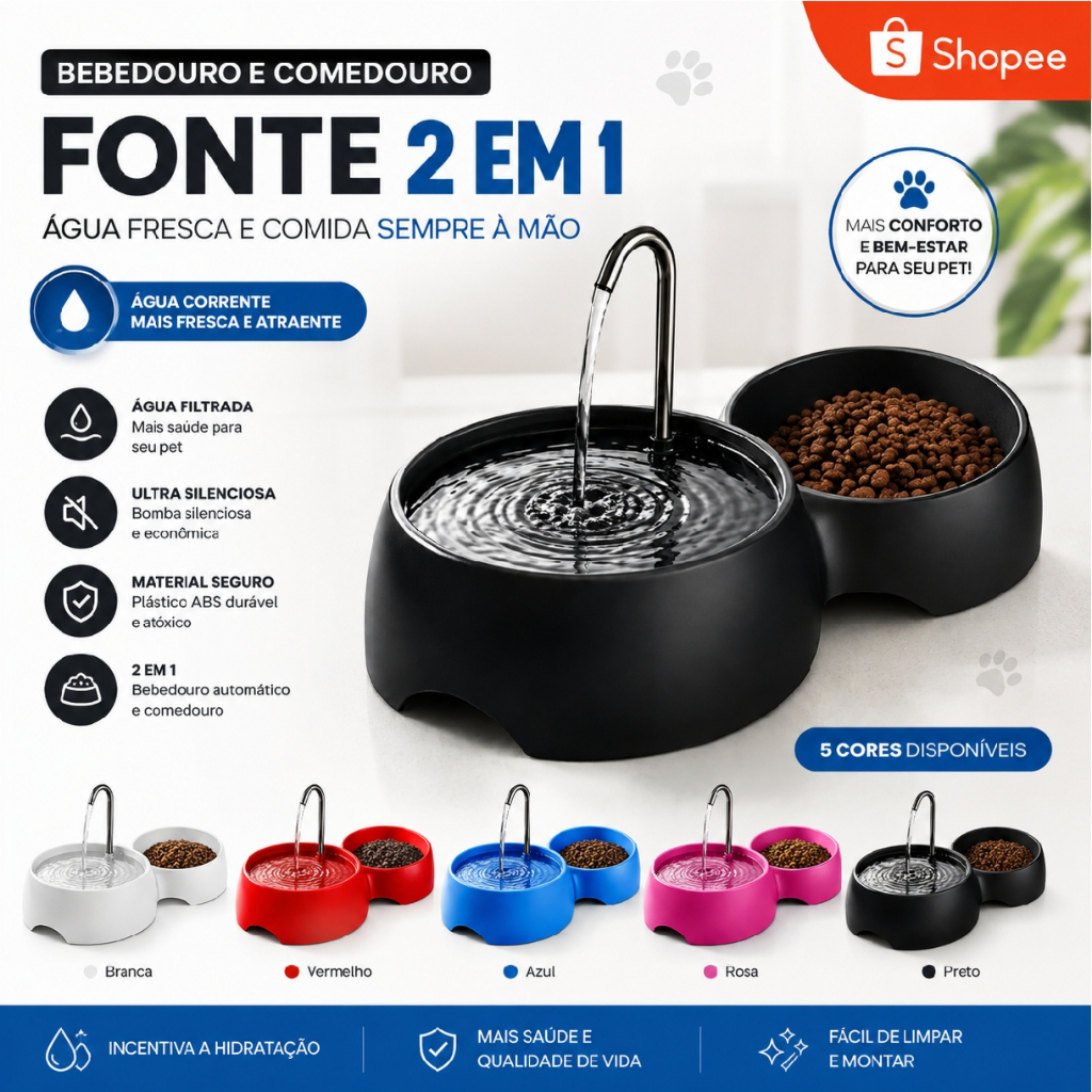 Fonte Bebedouro BIVOLT Preto + Comedouro Preto 600ml