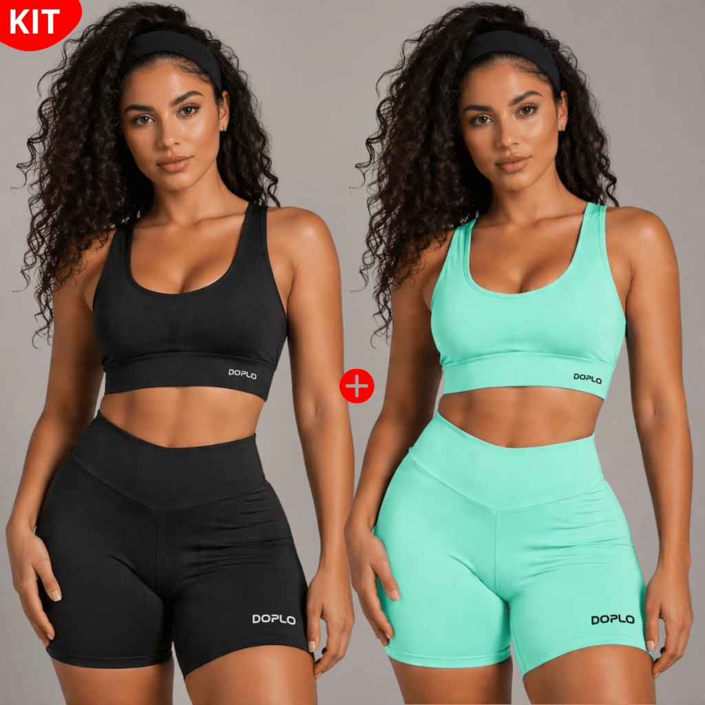 Kit 2 Conjuntos Academia Fitness Short e Top Cintura Alta Suplex Premium Sem Transparência