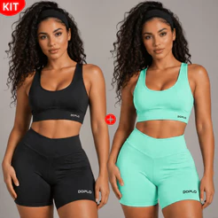 Kit 2 Conjuntos Academia Fitness Short e Top Cintura Alta Suplex Premium Sem Transparência