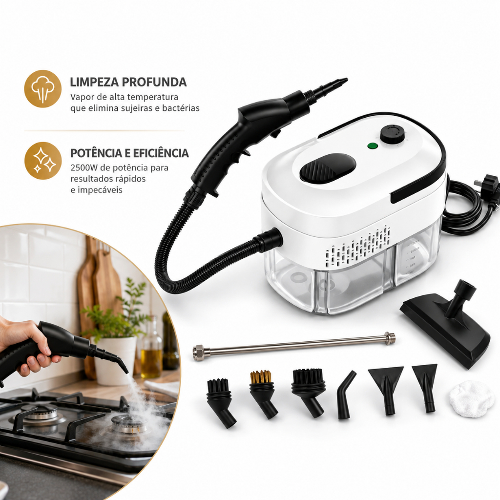 Limpador a Vapor Portátil de 2500W – Limpeza Profunda para Cozinha e Banheiro
