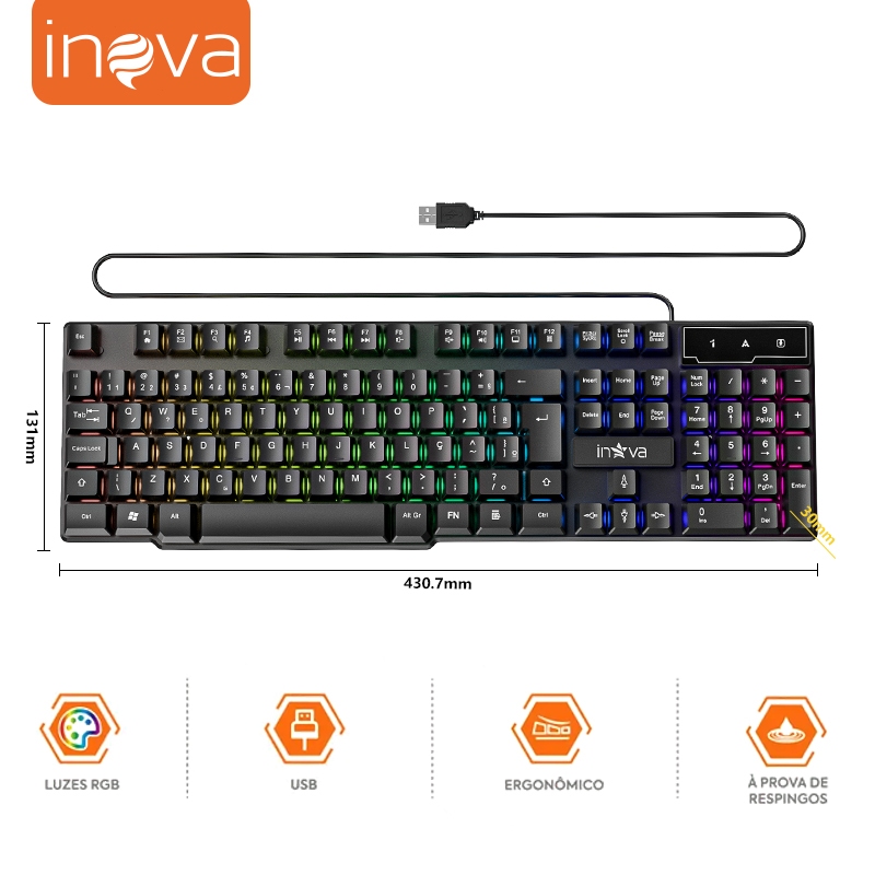 INOVA Teclado Gamer 107 Teclas Teclado silencioso RGB Teclado de Jogo Ergonômico Anti-Respingo