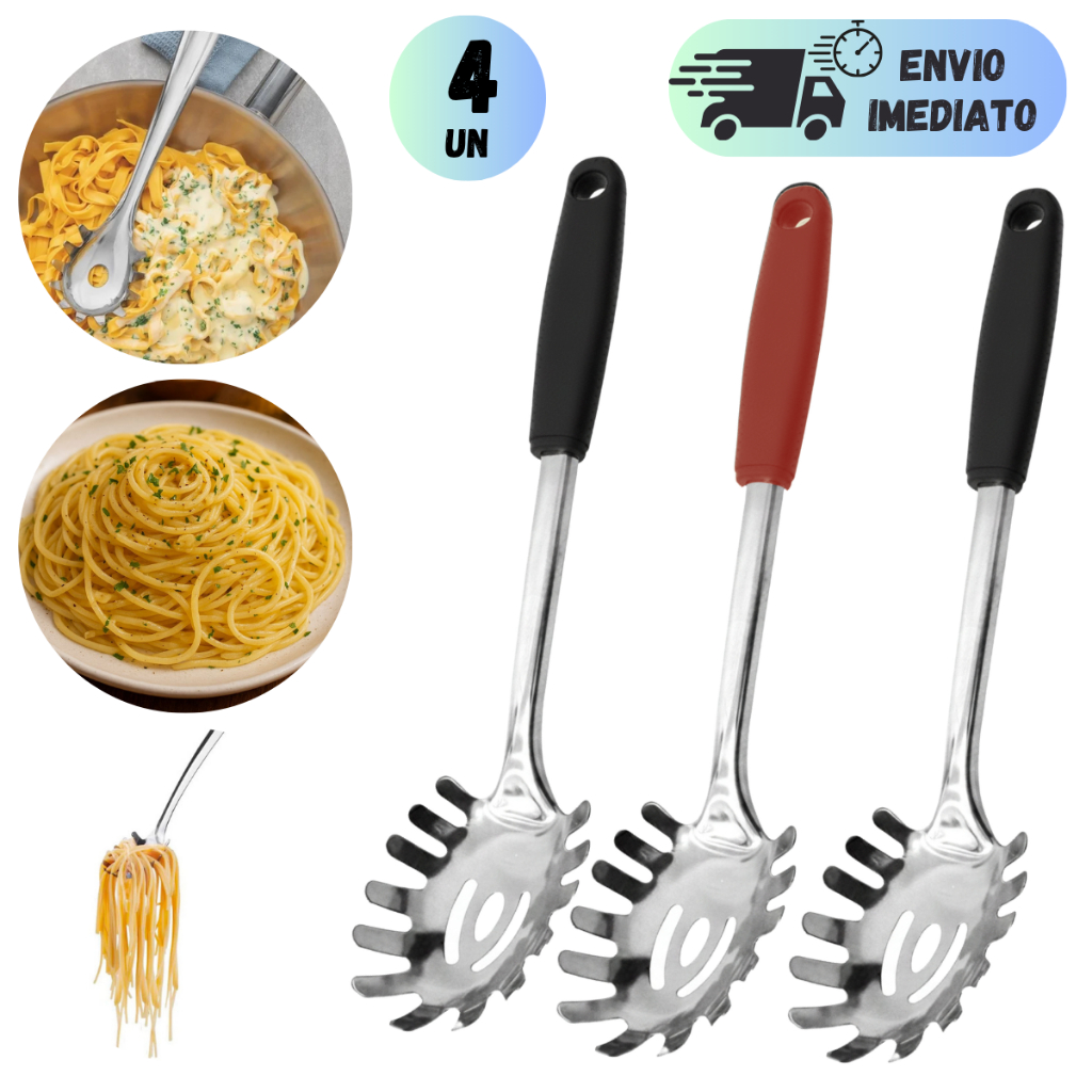 Kit 4 Pegador Macarrão Aço Inox Cabo Plástico 29cm Utensílio Cozinha Restaurante Buffet Servir Massa