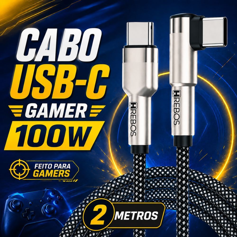 Cabo Celular Gamer Turbo 90 Graus Reforçado 100W 2 metrosType-C para USB-C Carregamento Rápido Turbo