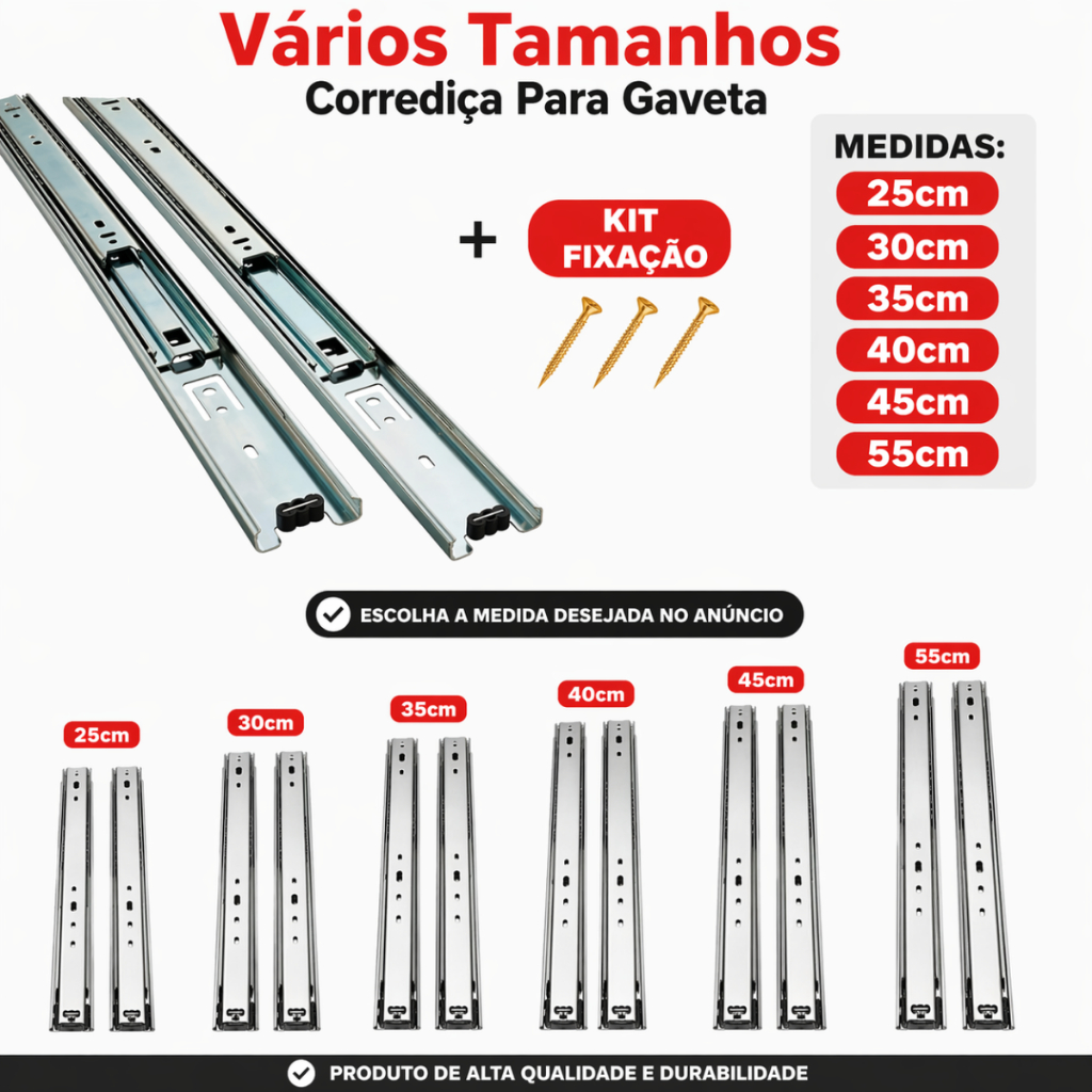 Kit 2 Corrediças de Gaveta Telescópica Light Com Parafusos Inclusos 25cm | 30cm | 35cm | 40cm | 45cm