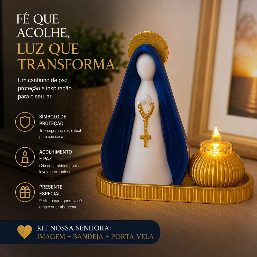 Kit Nossa Senhora Aparecida com Bandeja e Porta Vela LED Altar Católico Decorativo Religioso Presente de Fé Proteçao