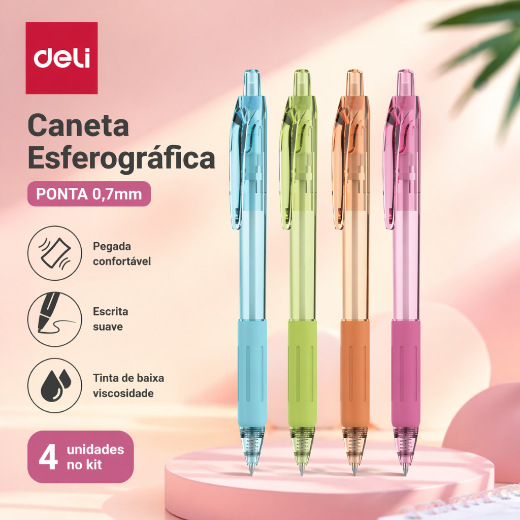 Kit 4 Canetas de Óleo Deli Ponta Redonda 0,7mm Azul Escrita Suave Escolar e Escritório