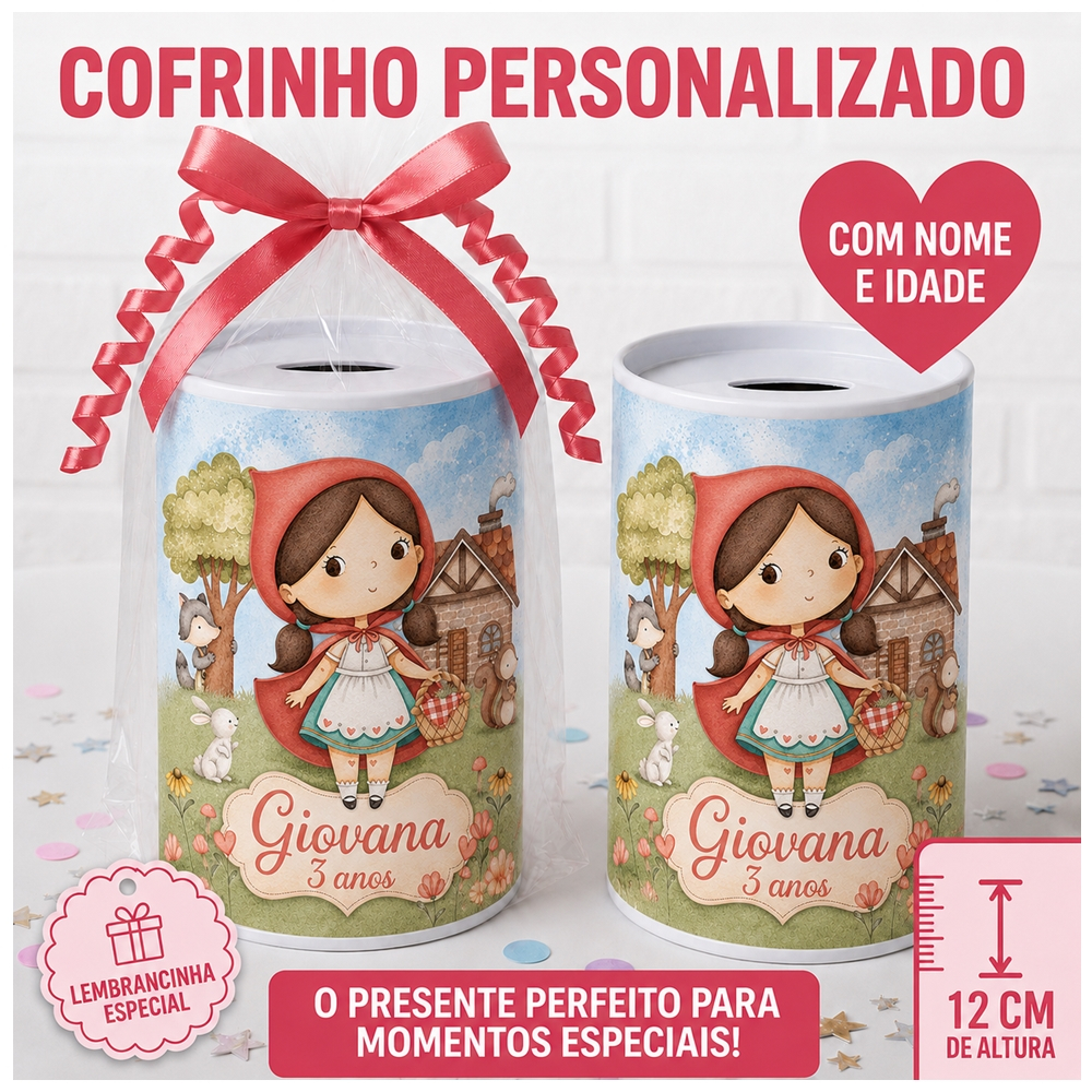 Cofrinho Personalizado Tema Chapeuzinho Vermelho| Com Nome e Idade | Lembrancinha Aniversário Todos os temas