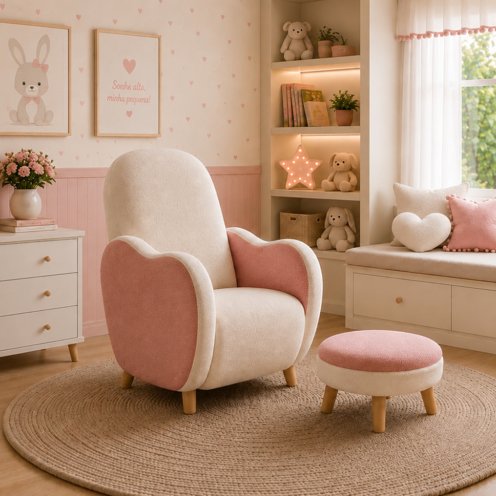 Poltrona Amamentação Pés Palito Paris Luxo Orgânica Bouclé com Puff Confortável Opala Tila Helena Premium