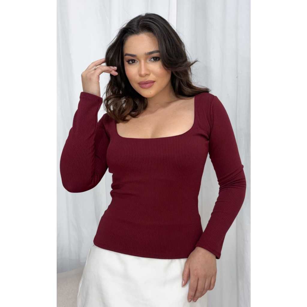 Blusa Canelada Blusinha Feminina Decote Quadrado Básica Tendência Manga longa